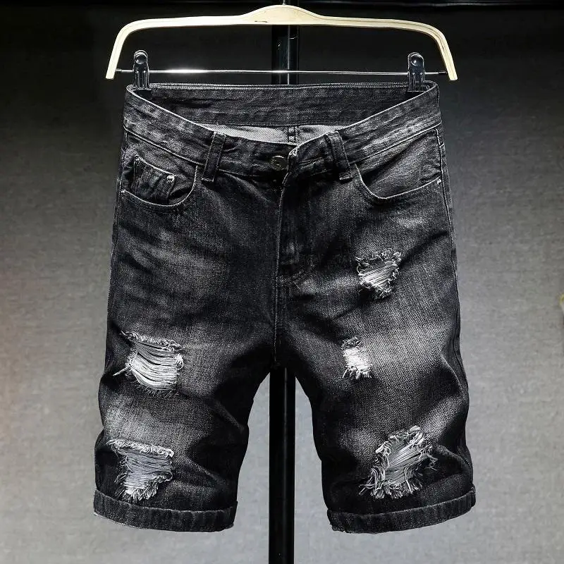 

New 2025 Denim Shorts Men's Trendy Brand New Summer Short Pants Slim-fit Plus Size 40 Labeling Embroidery Ripped Medium Pants