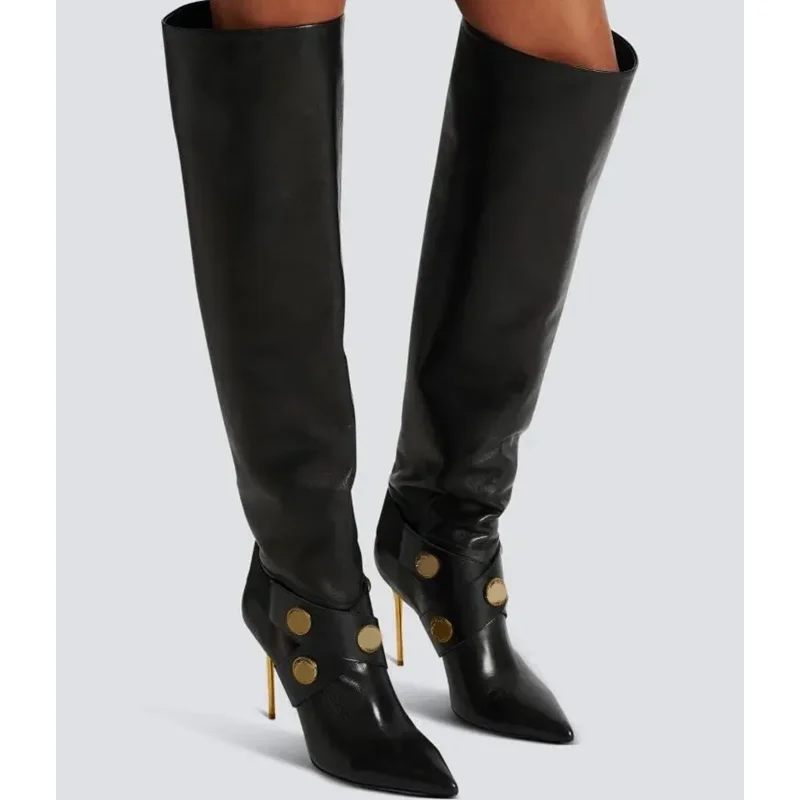 Сапоги до колена с металлическими круглыми пуговицами, пикантные сапоги до колена с острым носком на толстом каблуке, матовая кожаная молния, новые поступления, модные женские современные сапоги