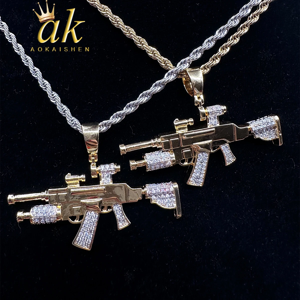 Aokaishen Gun Pendant Iced Out Real Gold Plated Jewelry for Men Hip Hop