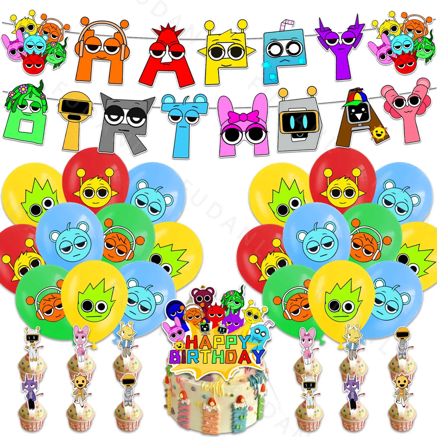 Incrediboxes-sprunki rhythm box colorful latex banner cake fork hanging birthday shower party decoration disposable tableware