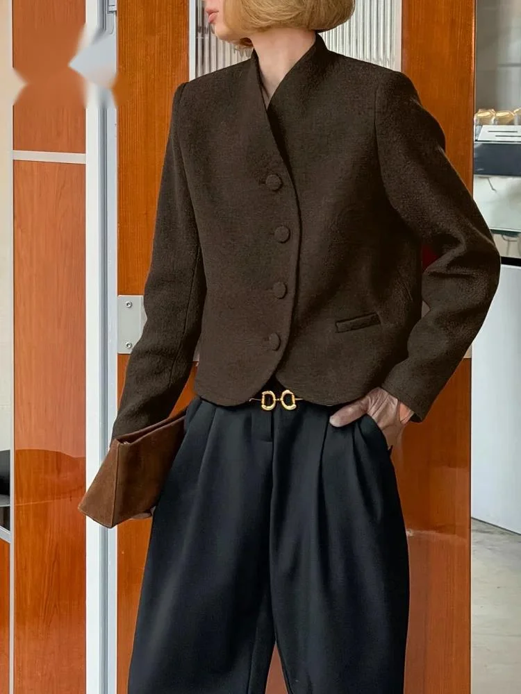American Retro Woolen Casual Blazer Ladies V Neck Long Sleeve Shoulder Pad Trendy Street Autumn Loose Warm Outerwear