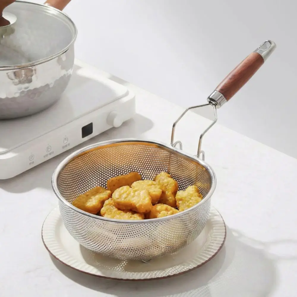 Fine Mesh 304 Stainless Steel Skimmer Wood Grain Wood High Feet Kitchen Strainer Basket Hanging Hole Filter Spoon Hotpot