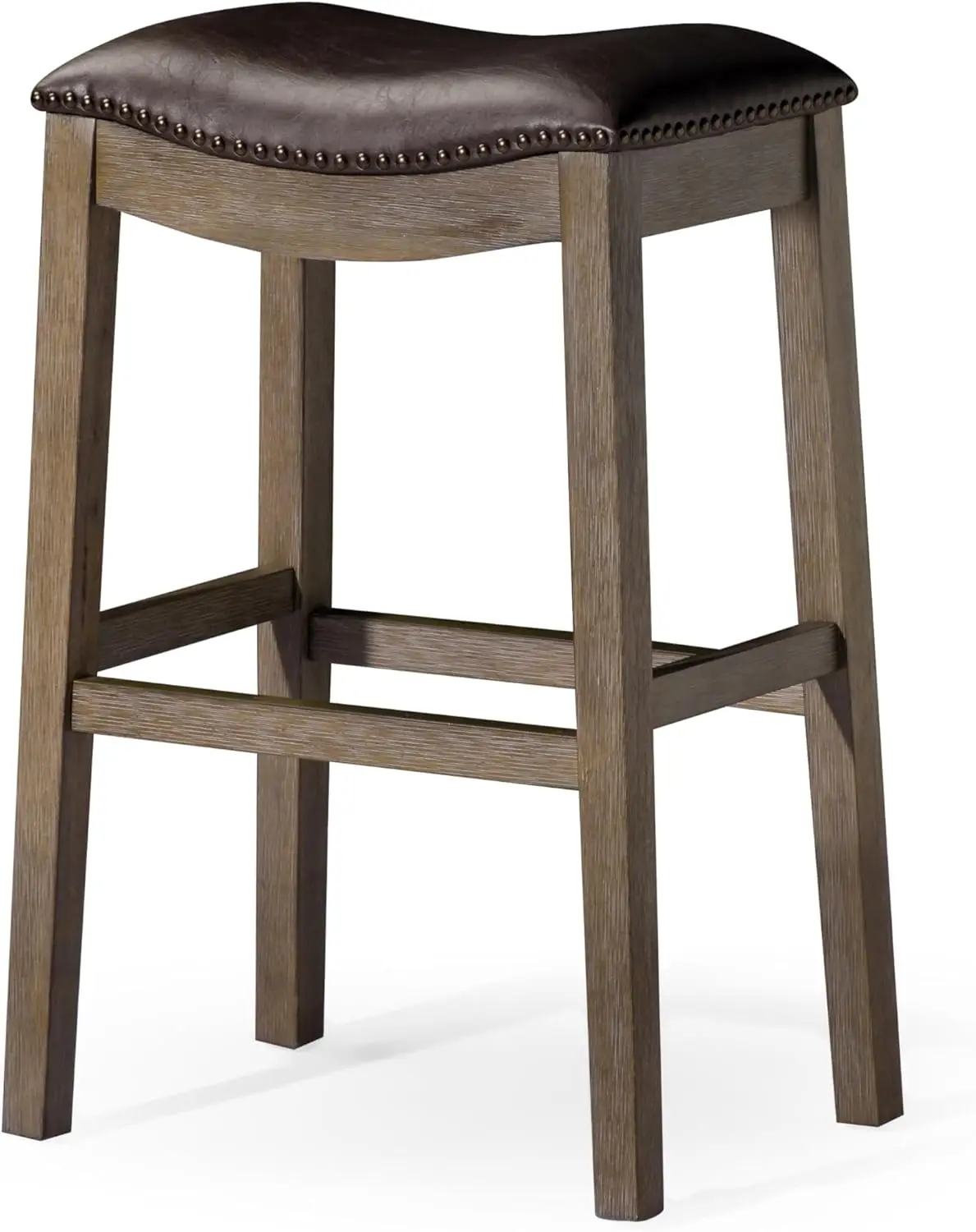 Adrien Backless Bar Stool – 31 Inch Saddle Seat with Footrest – Brown Solid Wood Frame & Dark Brown Faux Leather Upholstery