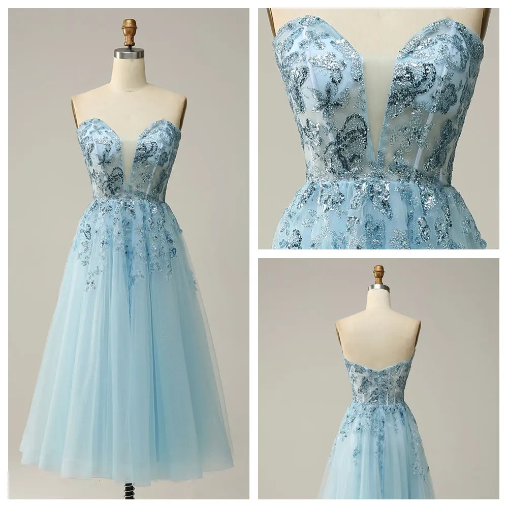 

Customized A-line Evening Dresses Strapless Backless Tea-length Tulle Prom Gown Sequined Beading Lace Appliques birthday Dress