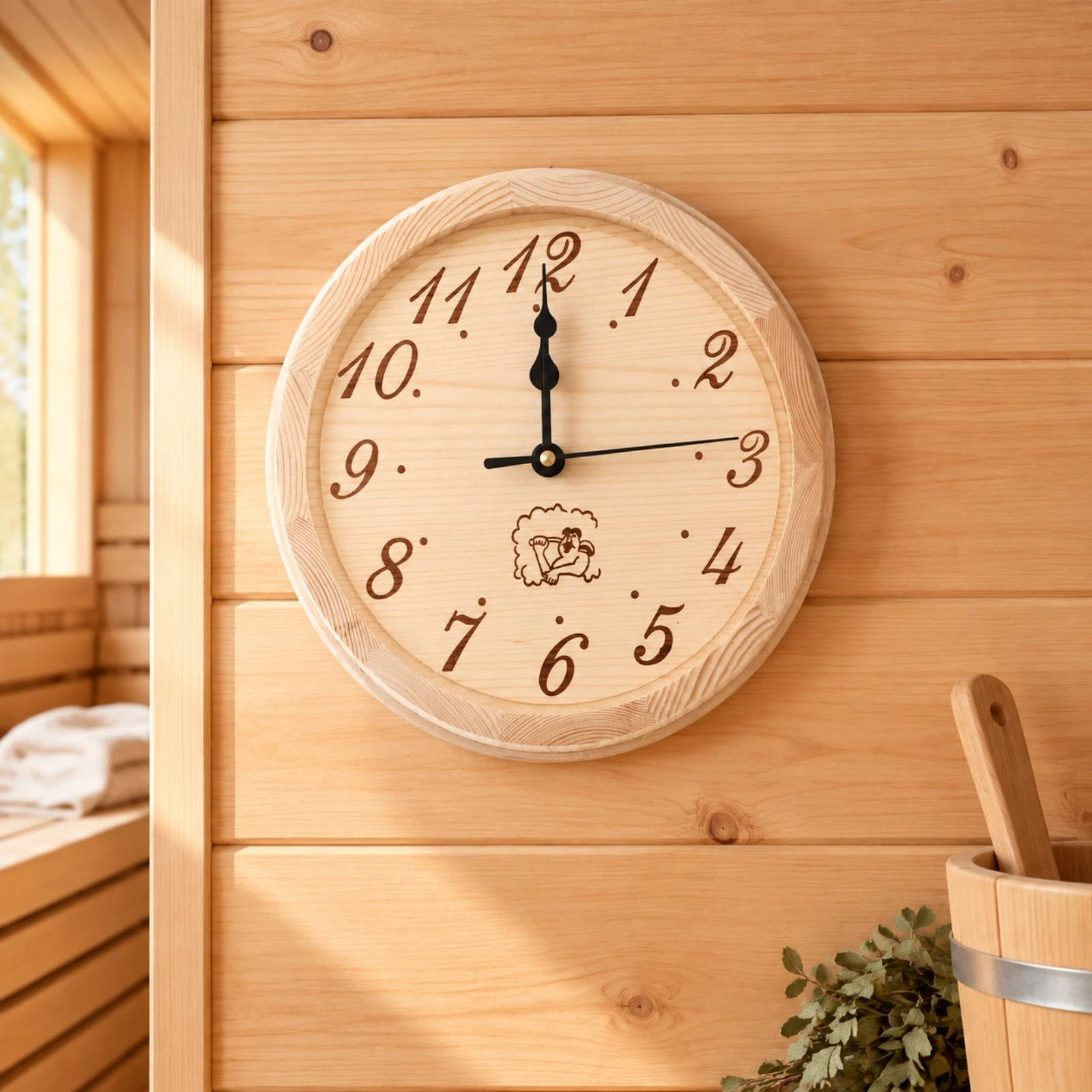 Round Wooden Analog Wall Clock Easy to Read Sauna Wall Clock Sturdy Rustic for Spa, Relaxation Space