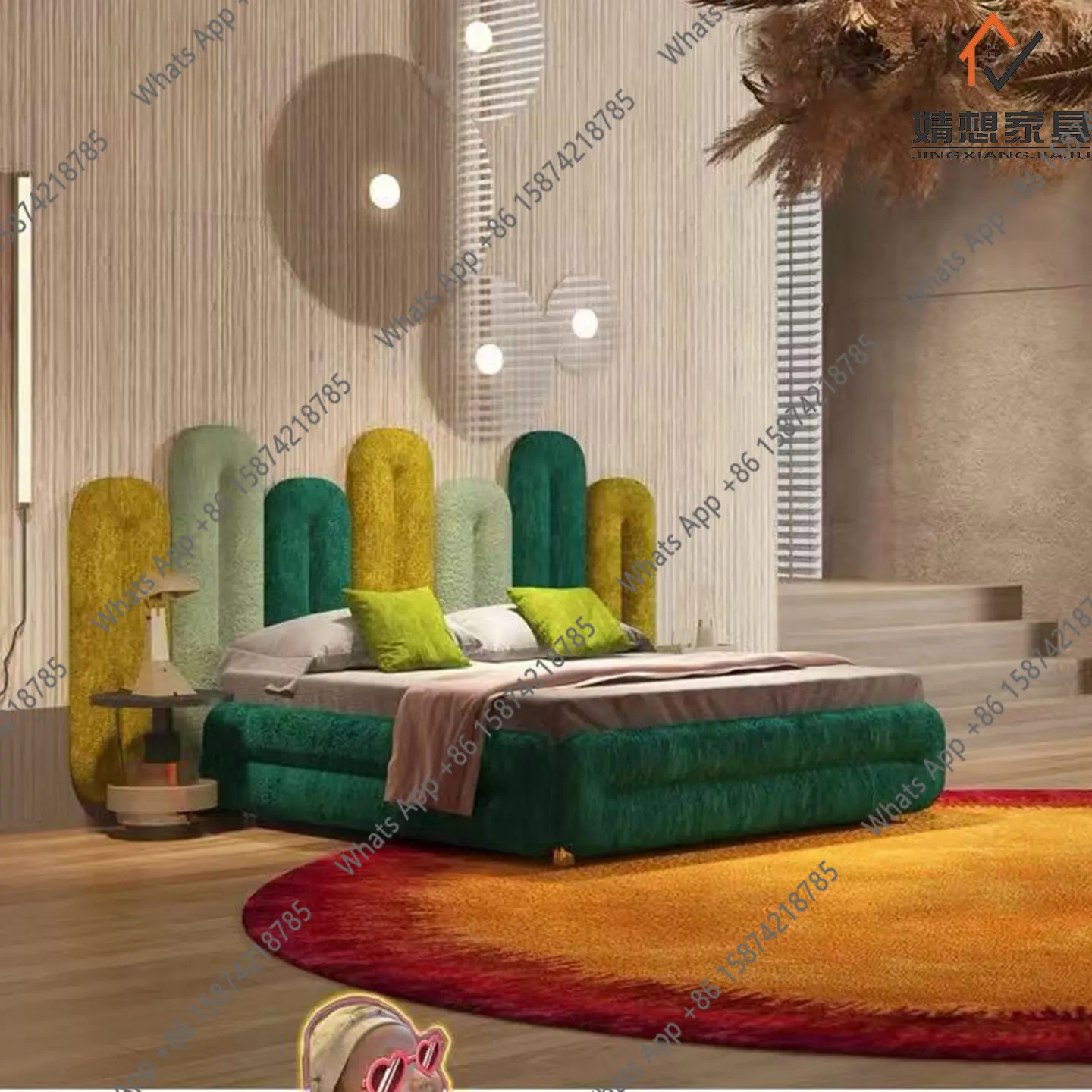 Italian light luxury cactus bed modern simple villa luxury home master bedroom fabric bed