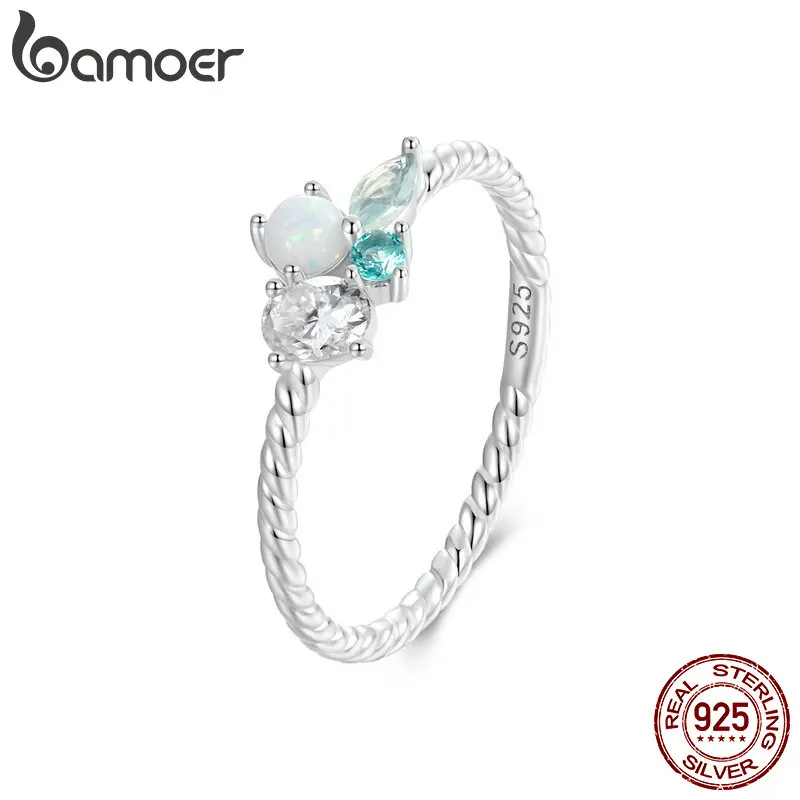 BAMOER 925 Silver Exquisite Opal Ring for Girls, White Gold Plated Dainty Cute Jewelry Gifts for Women On Birthday Christmas