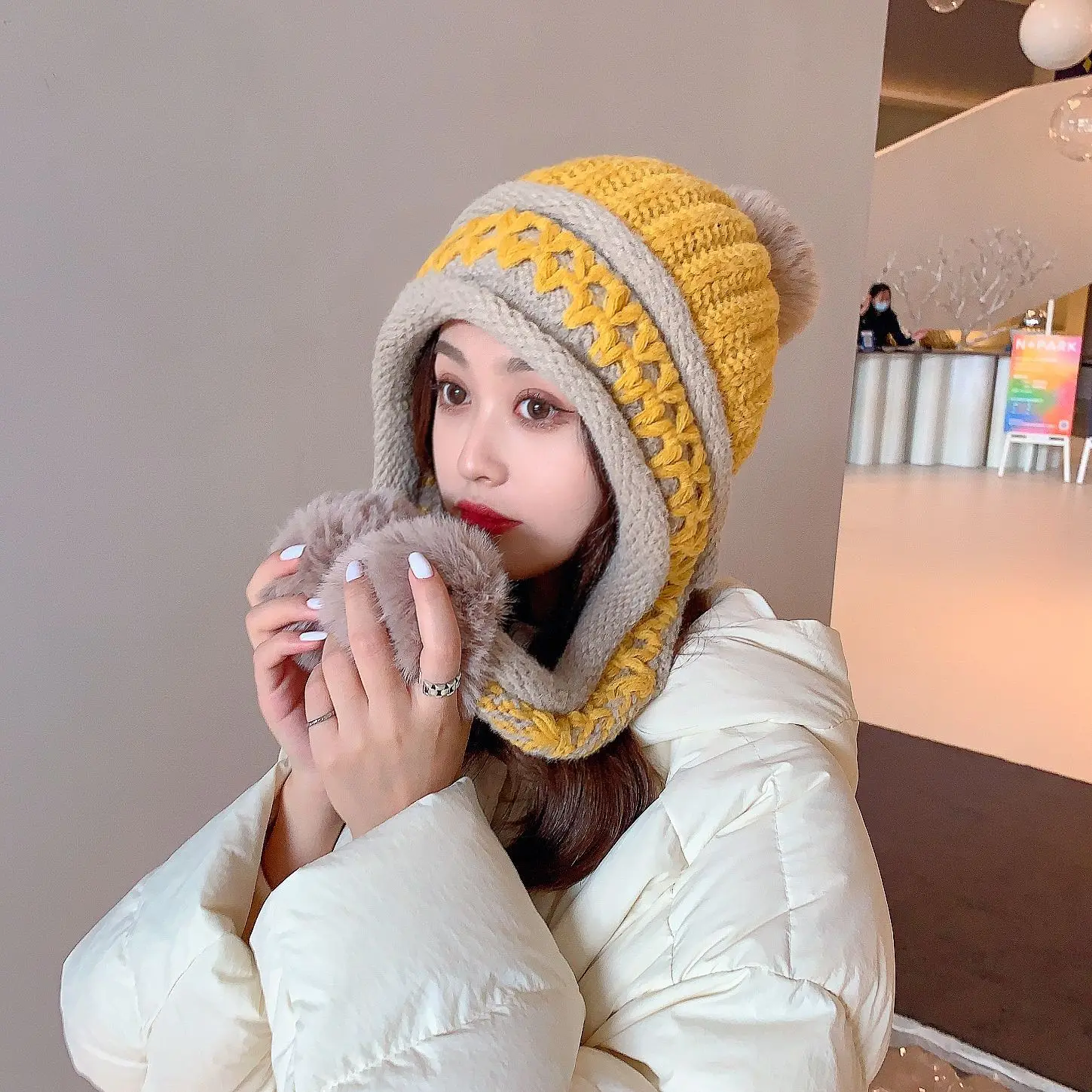Women Winter Peruvian Cover Ears Beanie Hat Ear Flaps Sherpa Ski Snow Hats Knit Fleece Lined 3 Pom Pom