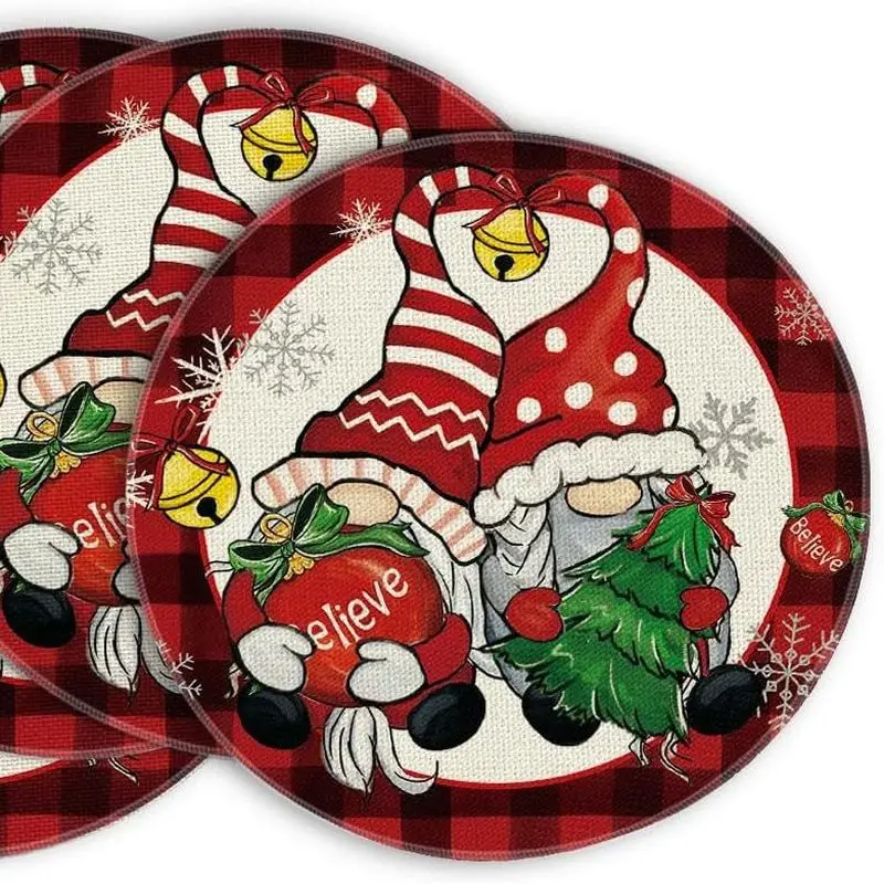 Red And Black Checkered Christmas Gnome Doll Circular Placemat, Wear-Resistant Plate Mat, Home Dining Table Decoration Placemat