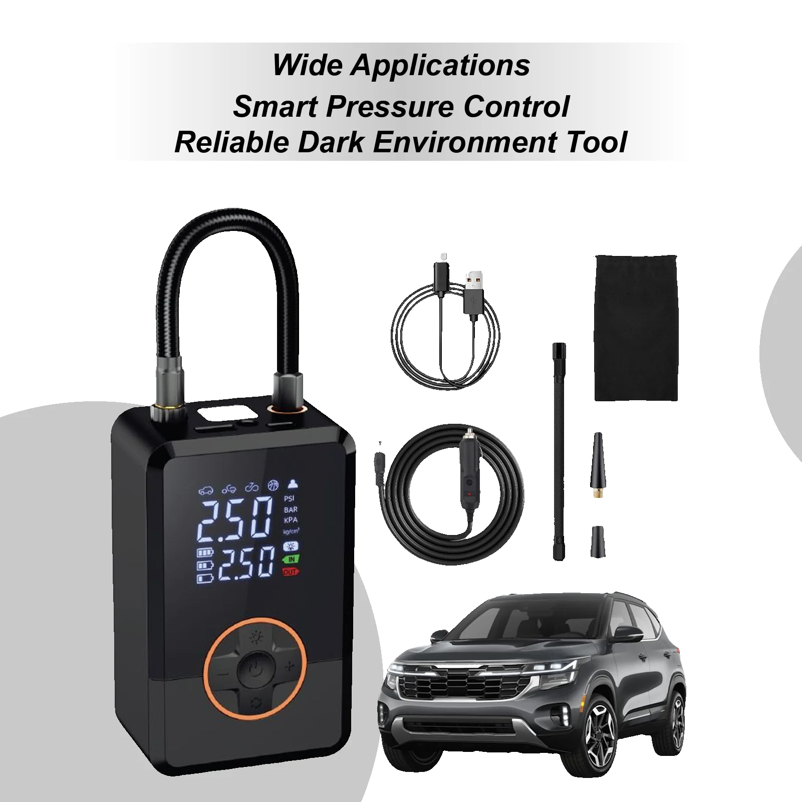 Air Pump For Car Tires 130 PSI Portable Lighted Tire Inflator Electric Basketball Air Pump For Car Bike Auto Truck Road Outdoor