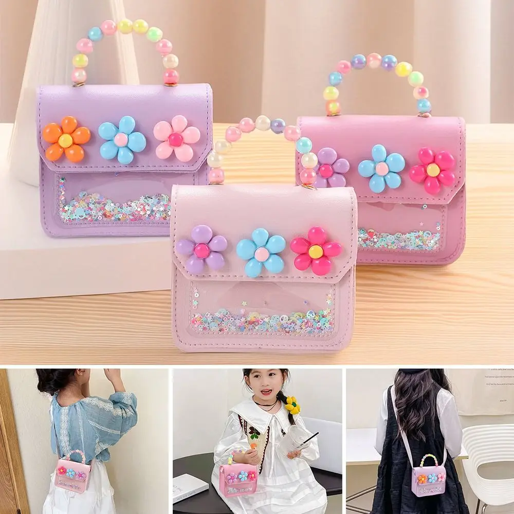 

Creative Cute Flowers Children's Messenger Bag PU Leather Bowknot Handbags Pearl Cartoon Kids Shoulder Bag