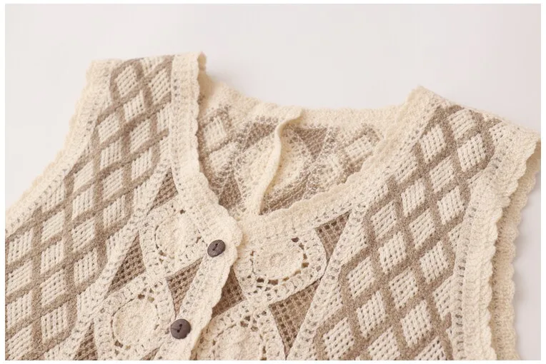 Boho Argyle Button Down Crochet Vest for Women Sleeveless Cardigan Openwork Knit Waistcoat Summer Vintage Vacation Beach Outfit view 4