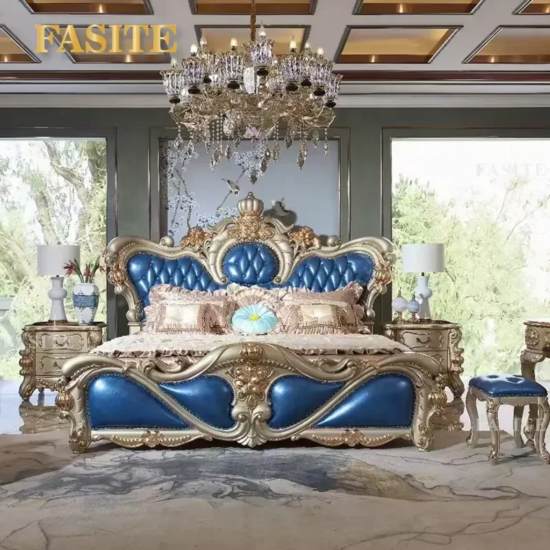 For European Luxury Bedroom Furniture Carved Solid Wood Genuine Leather Bed Set High-end Taste Home Decor