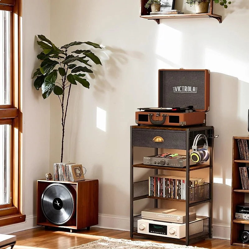 Iron-Wood Gaming Console Stand Record Player Table Multi-Tier Storage Rack