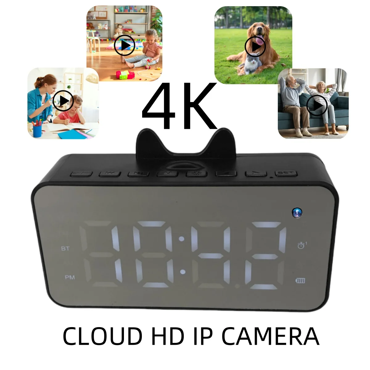 4K WiFi Alarm Clock Camera with Motion Detection, Bluetooth Speaker, Remote Viewing, Recording, App, Nanny Cam for Home Security