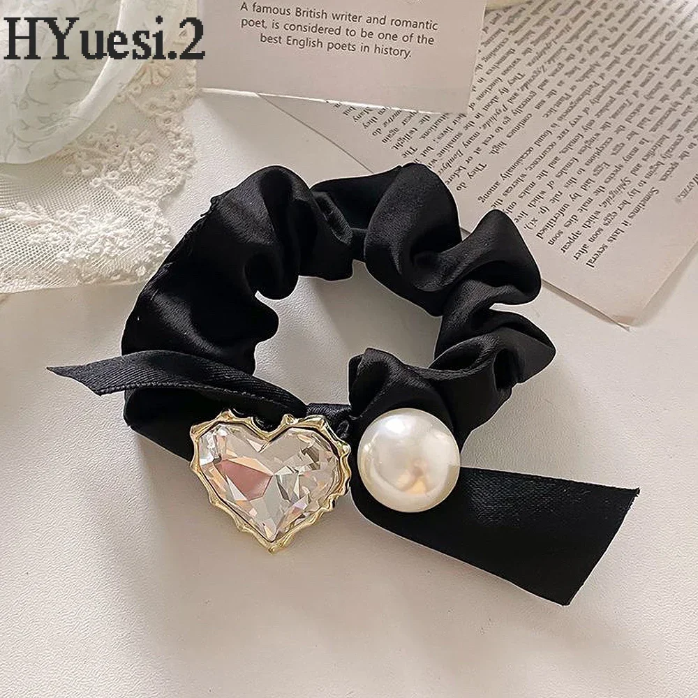 Luxury Zircon Heart Hair Ties Ropes High Elastic Big Pearl Ponytail Holder Scrunchies With Bowknot For Women Girls