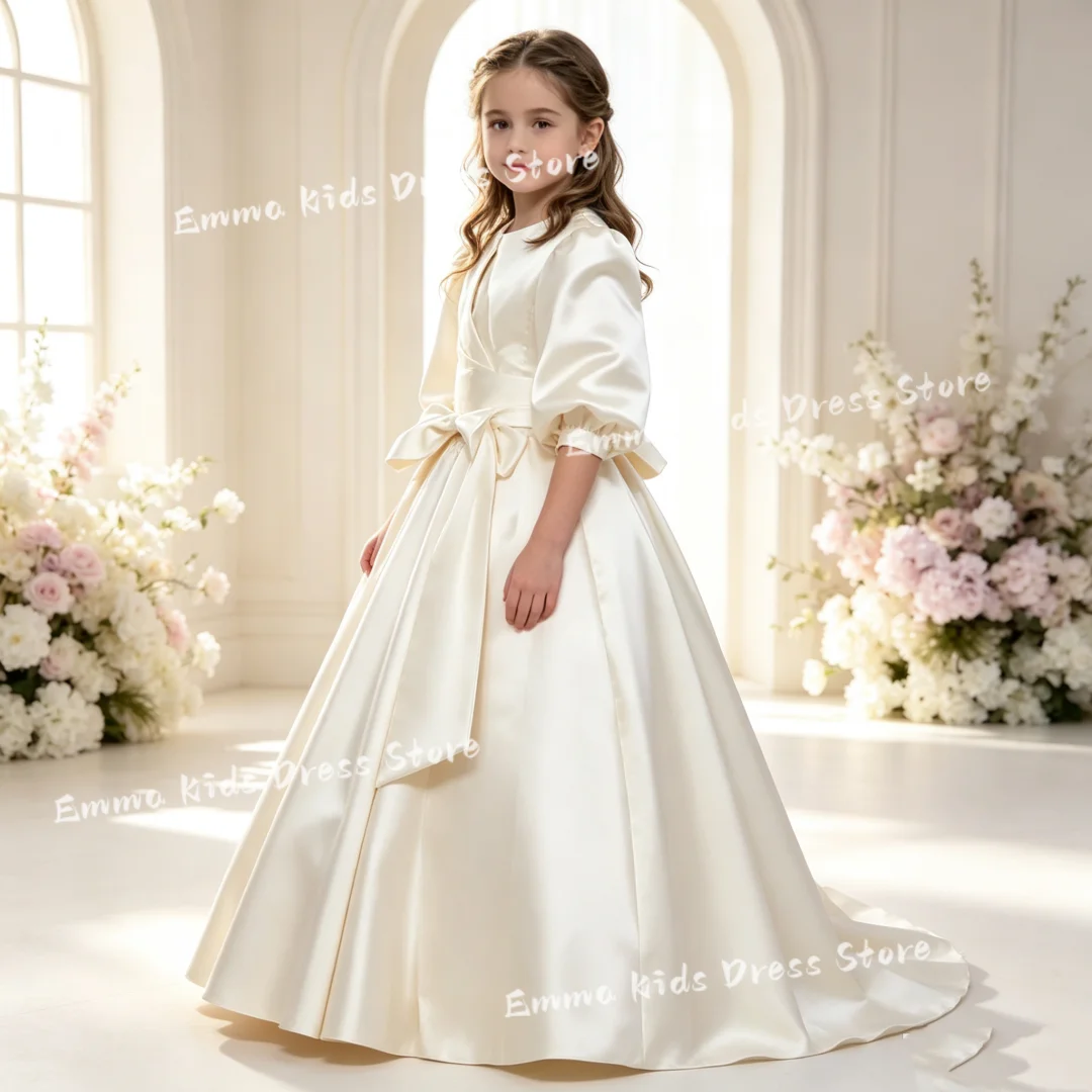 Custom Flower Girl Dress Ivory Satin High Neck Puff Sleeve Bow Waist A-Line Gown for Wedding First Communion Kids