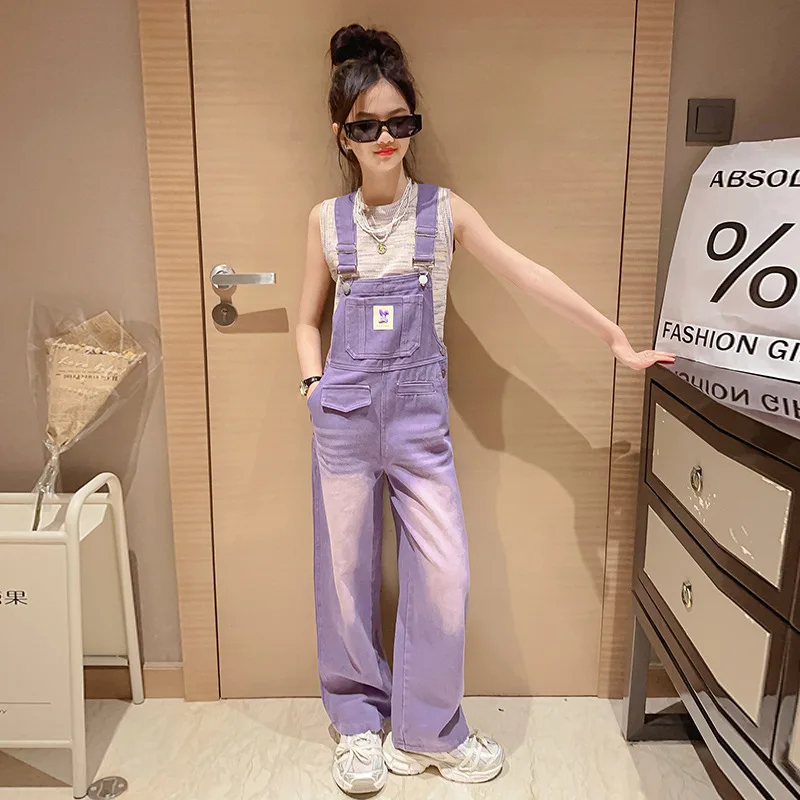 

Kids Overalls Jeans for Girls Denim Jumpsuit Pockets Spring Summer Teens Children Suspender Trousers 6 8 10 12 14Year