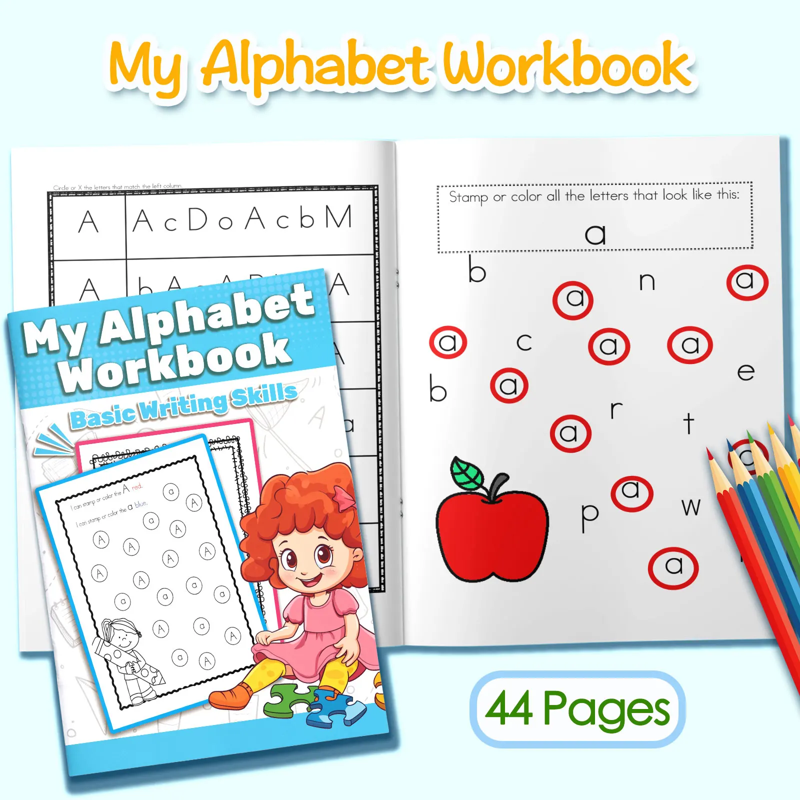 Children's alphabet coloring book, cute cartoon patterns, preschool early education workbook, boost your baby's hands-on skills