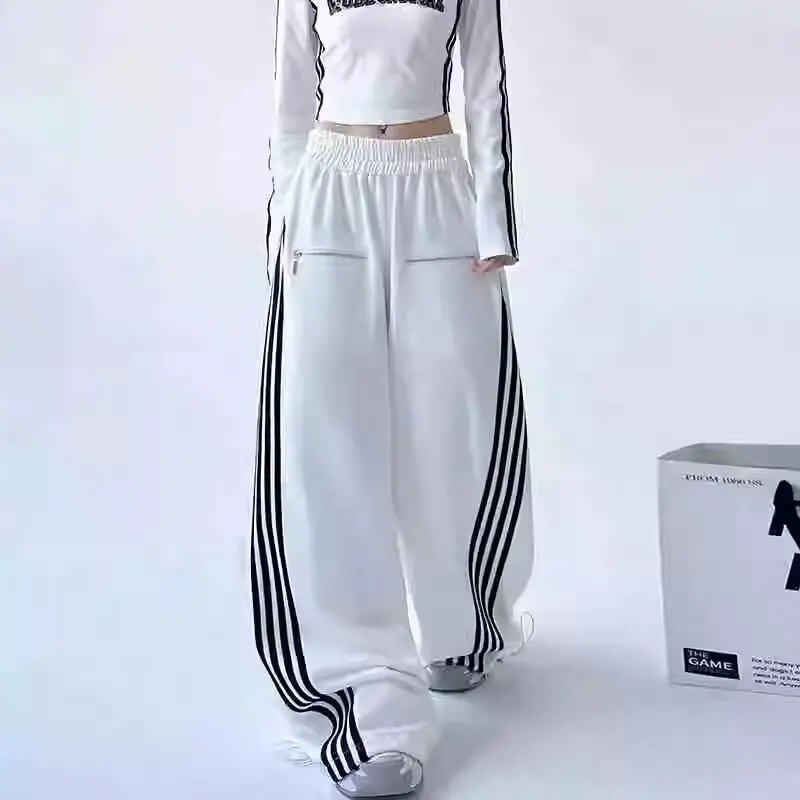 2024 Ropa Y2K Streetwear Striped Patchwork Elastic Waist Baggy New Pants For Women Wide leg Drawstring Sweatpants Lady Trousers