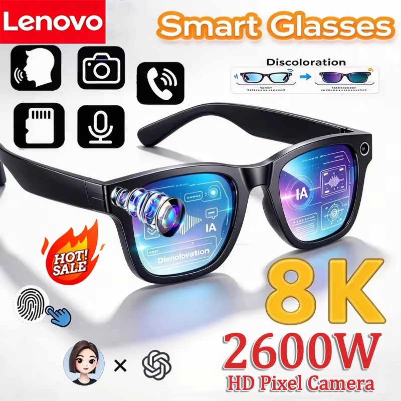 Lenovo NEW 2600W AI Smart Glasses Hands-Free Calling AI Translation Chat Logging Music Playback for Men Women Smart Sunglasses