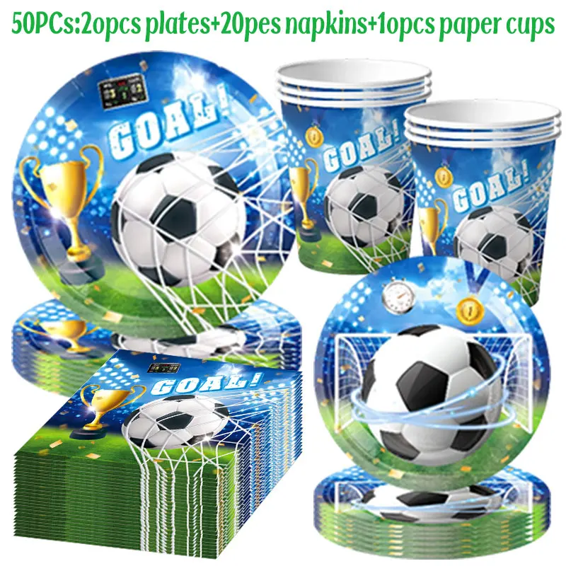 Fußball-Geburtstagsparty-Dekorationen Fußball-Tischgeschirr Teller Becher Tischdecke Ballons Hintergrund-Banner Geschenktüten Jungen-Partyzubehör – Detail 7