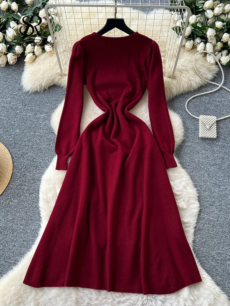 Robe longue tricotée à fleurs 3D pour femme, col rond, manches longues, taille élastique, ligne A, basique d'hiver, couleur unie, chaude, robe de soirée, 2025