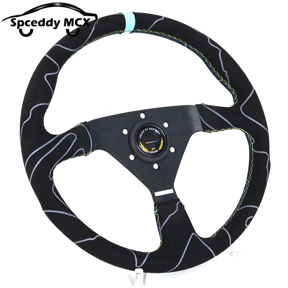 JDM Suede Leather Steering Wheel Drift Sport Pull Up Steering Wheel 14inch 350mm Flat V1
