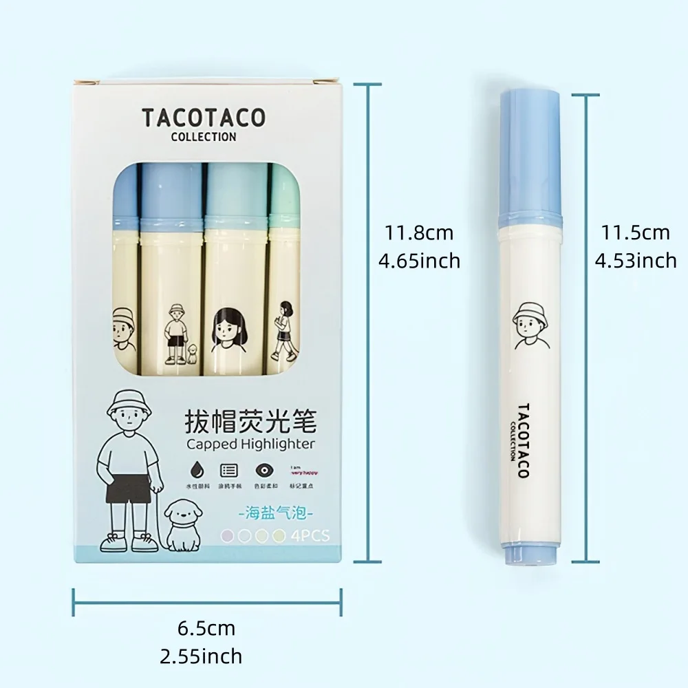 4pcs Tacotaco Color Highlighter Pens Set Cartoon Capped Art Marker for Drawing Painting Office School A7594