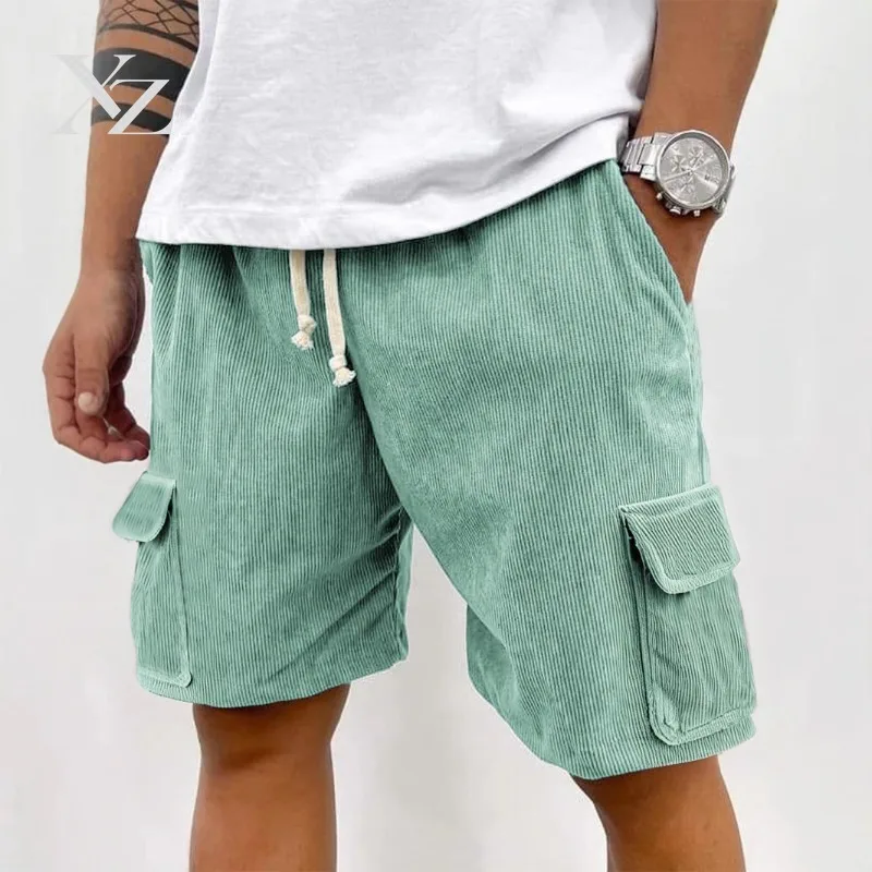 Opening Sale |Men's Corduroy Cargo Shorts Mint Green Elastic Drawstring Waist Multi-Pocket Casual Summer Casual mid-length Short