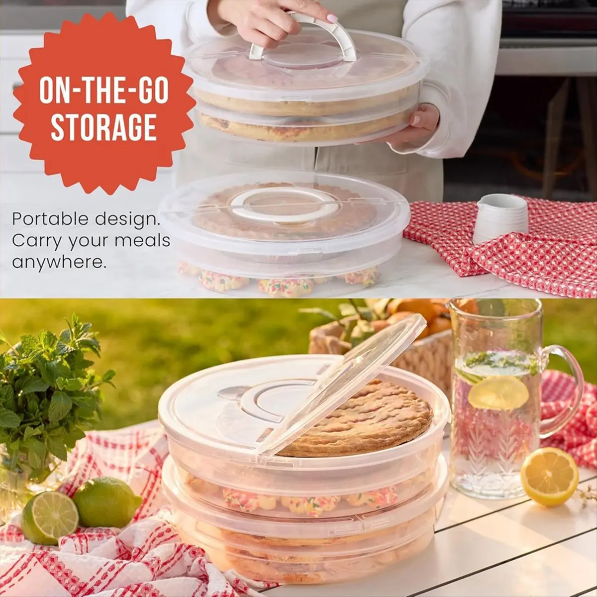 B-est 12-Inch Pie Carrier with Lid and Divider, 2-Pack Reusable Pizza Storage Container, Expandable Pie Carrier with Handle