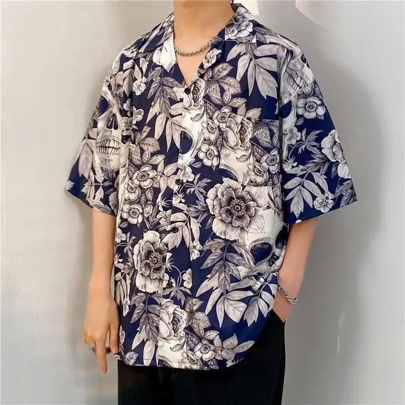 

Trendy Hawaiian Flower Men's Linen irt ort Sve Student Casual Haome Polyester Fiber Stand Fit Daily Wear Summer
