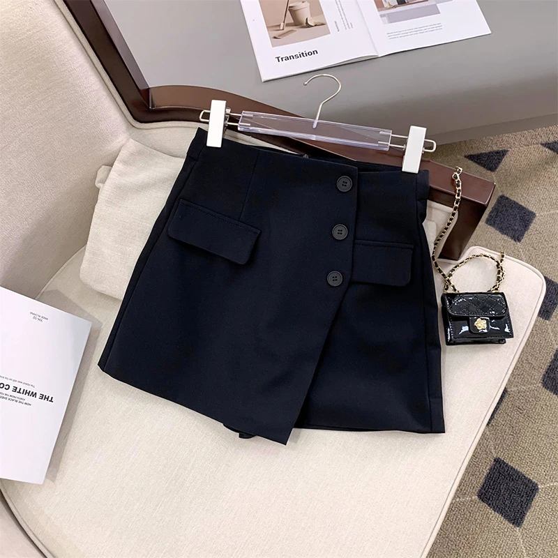 MEXZT, pantalones cortos para mujer, faldas coreanas irregulares, pantalones cortos de pierna ancha, pantalones cortos elegantes de cintura alta para oficina para mujer, traje informal liso, pantalones cortos