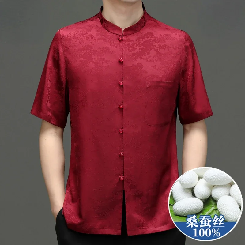 100% Mulberry Silk Men Shirts High Quality Short Sleeve Shirt for Men Tang Dynasty Men Clothing Chinese Style Shirts Camisas CJK