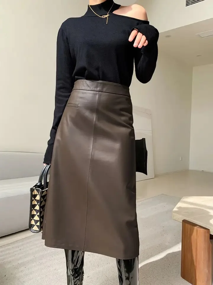 

Long Skirts For Women 2024 Korean Fashion Elegant Genuine Leather Skirt High Waist Luxury Office Ladies