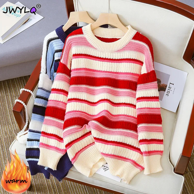 Oversize 4xl Striped Stitching O-neck Pullover Sweater Womenautumn Winter Loose Long Sleeve Knitted Sweater Korean Designer Top