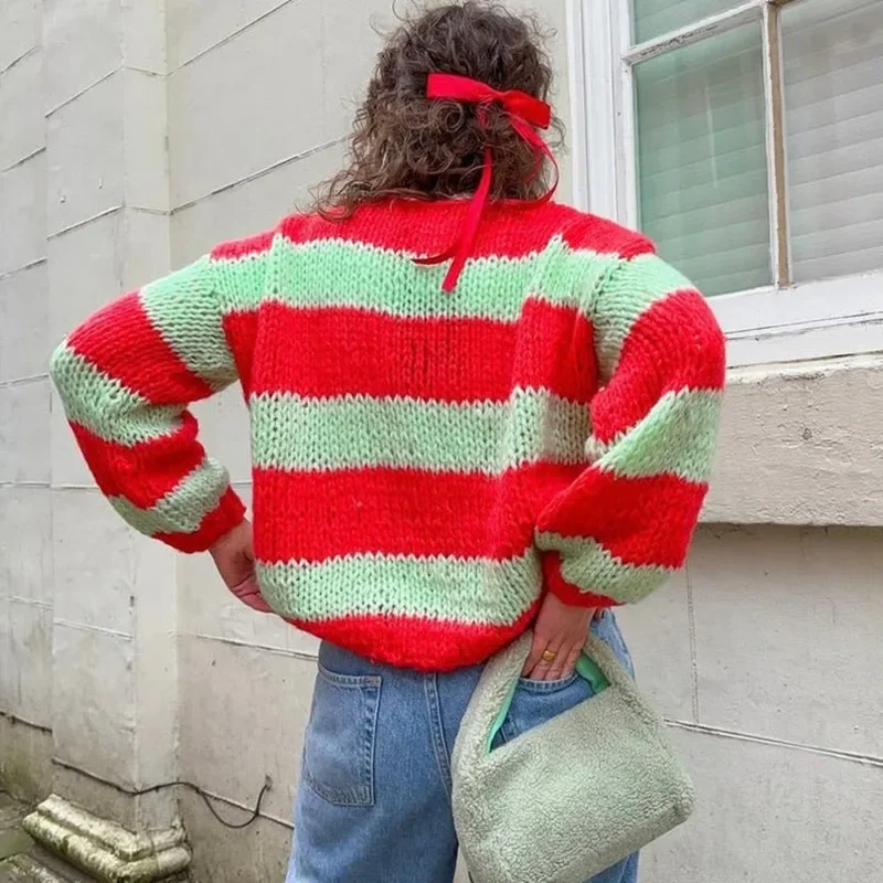 hirigin Maglione a righe Y2k da donna oversize a maniche lunghe color block pullover lavorato a maglia top in maglia girocollo allentato estetico