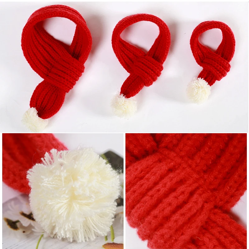 Dog Scarf Pet Warm Knitted Scarf With White Pompom Ball Cat Scarves Winter Supplies Dogs Christmas New Year Accessories