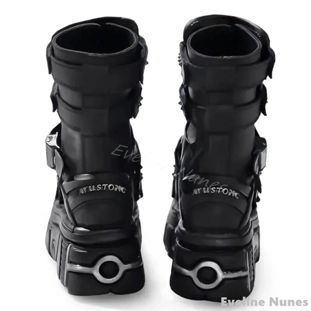 Metal Rock Thick-Soled Mid-Calf Boots Men Round Punk Motorcycle Boots Gothic Rivet Lace-Up Height Enhancing Thick Soled Boots