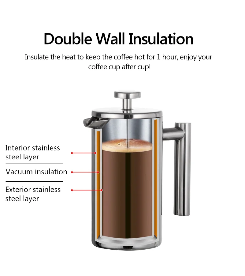350ml/800ml/1000ml Coffee Maker Pot French Press Coffee Maker Stainless Steel Double Walled Insulated Coffee Maker Pot