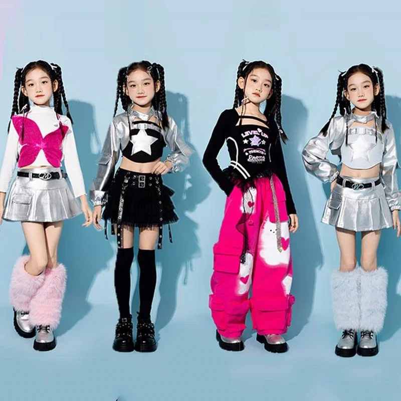

Jazz Dance Children Clothing Kpop Girls Costume Silver Top Black Skirt Shuffle Pants Fashion Kpop Stage Outfit Streetwear