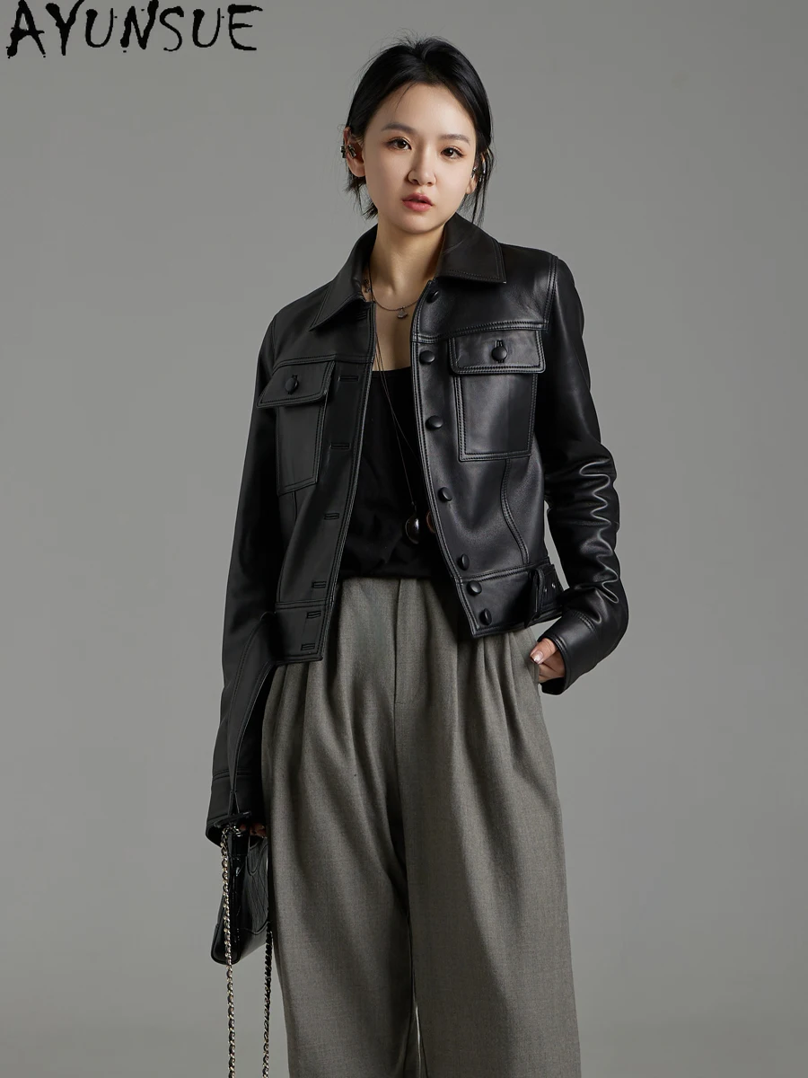 AYUNSUE 本革ジャケットの女性 2025 リアルシープスキンレディースコートベルト春秋服ショートスタイル Jaqueta デ Couro