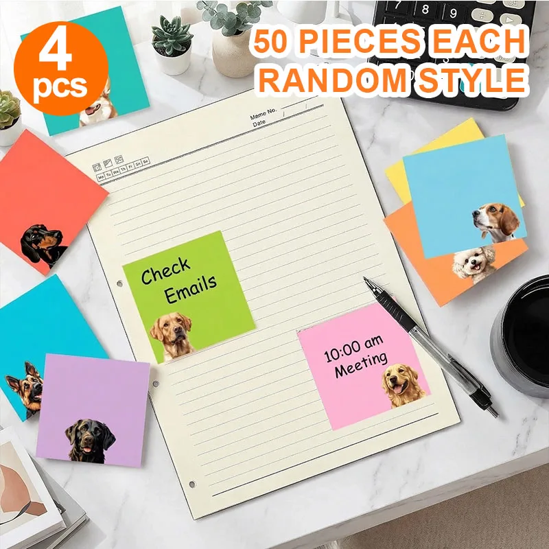 4 Pieces (200 Sheets) Dog Sticker Set, Self-Adhesive Square Sticky Notes, 50 Sheets Each, Student Planner Cartoon Puppy Animal Stationery Diary School Office Home Supplies Gift, Random Style