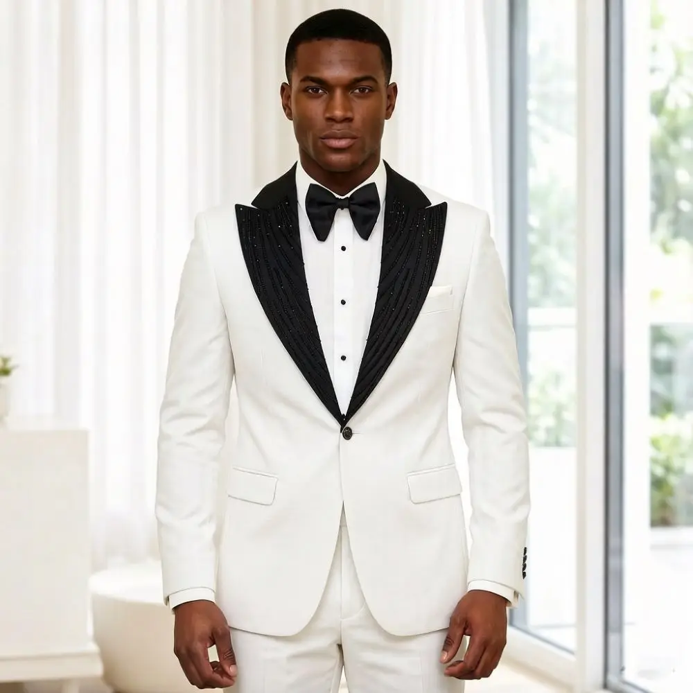 

2 Pieces Men Suits Slim Fit Beaded Wedding Prom Tuxedo Shawl Lapel Single Decorative Button Formal Groom Party Office Wear