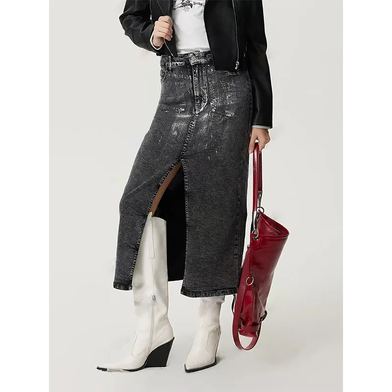 

Vintage Washed Denim Skirt Women's Distressed Hem Side Slit Asymmetric Edgy A-Line Skirt