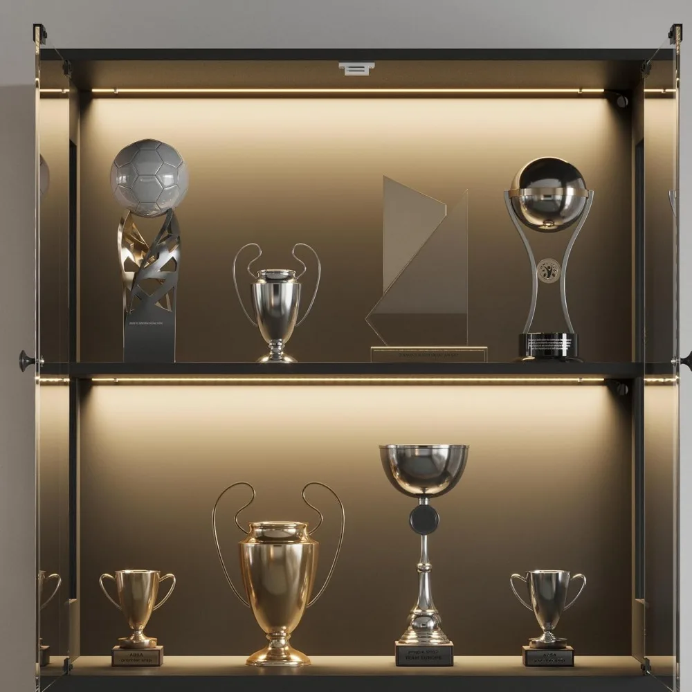 Lemari Pajangan Kaca Empat Tingkat dengan Lampu LED Sensor untuk Koleksi, Hitam