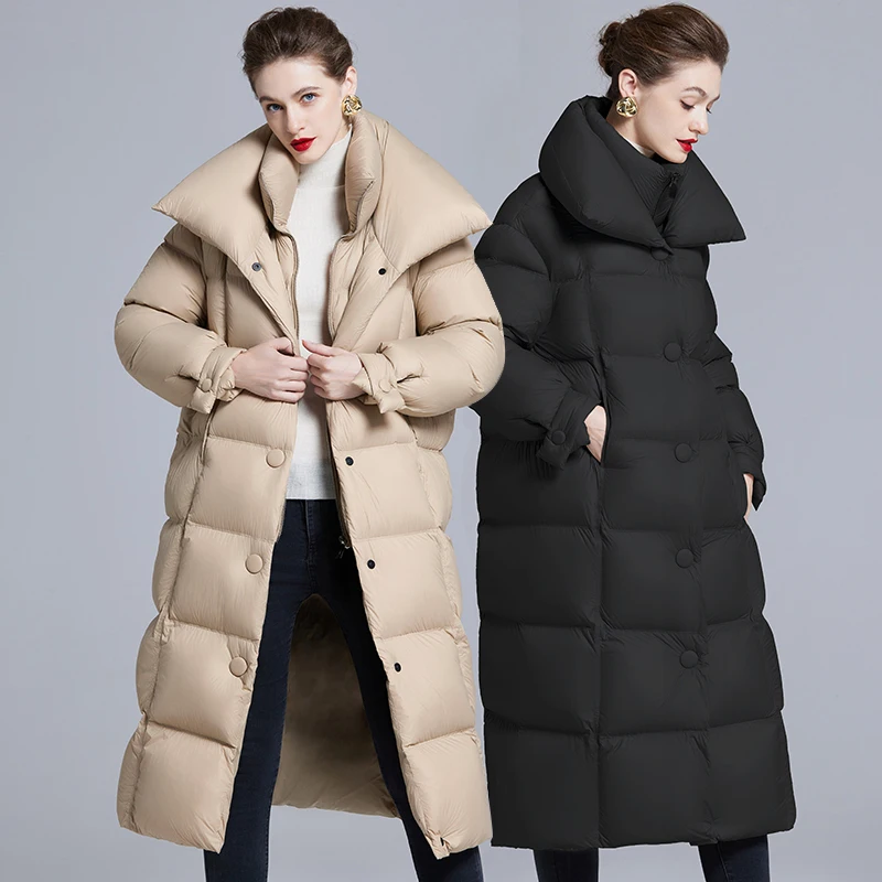 معطف منتفخ طويل جدًا للنساء مع ياقة كبيرة الحجم، سترة شتوية مبطنة باللون البيج، أناقة دافئة وبسيطة