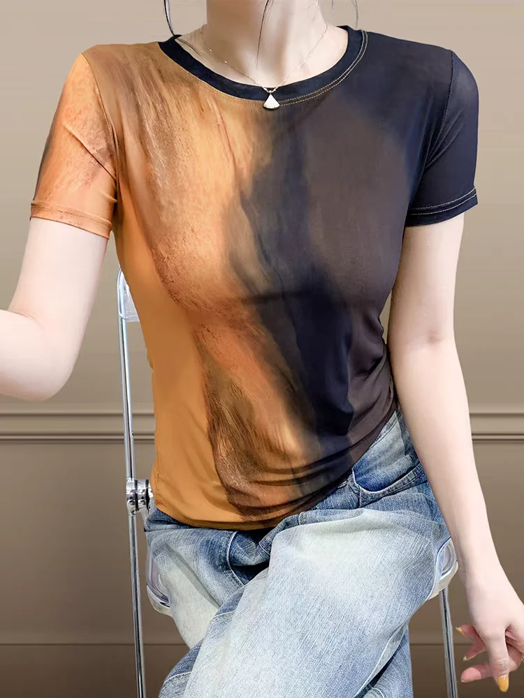 2025 Summer T-shirts Women's Sheer Mesh Floral Positioning Print Slim-Fit Round Neck Chic Top Female Basic Simple Tee