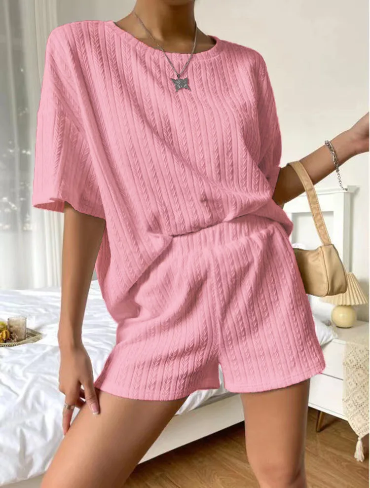 

2025 Spring and Summer New Casual and Comfortable Loose Version Round Neck Suit Two-Piece Set Comfortable Pure Color Home Clothes