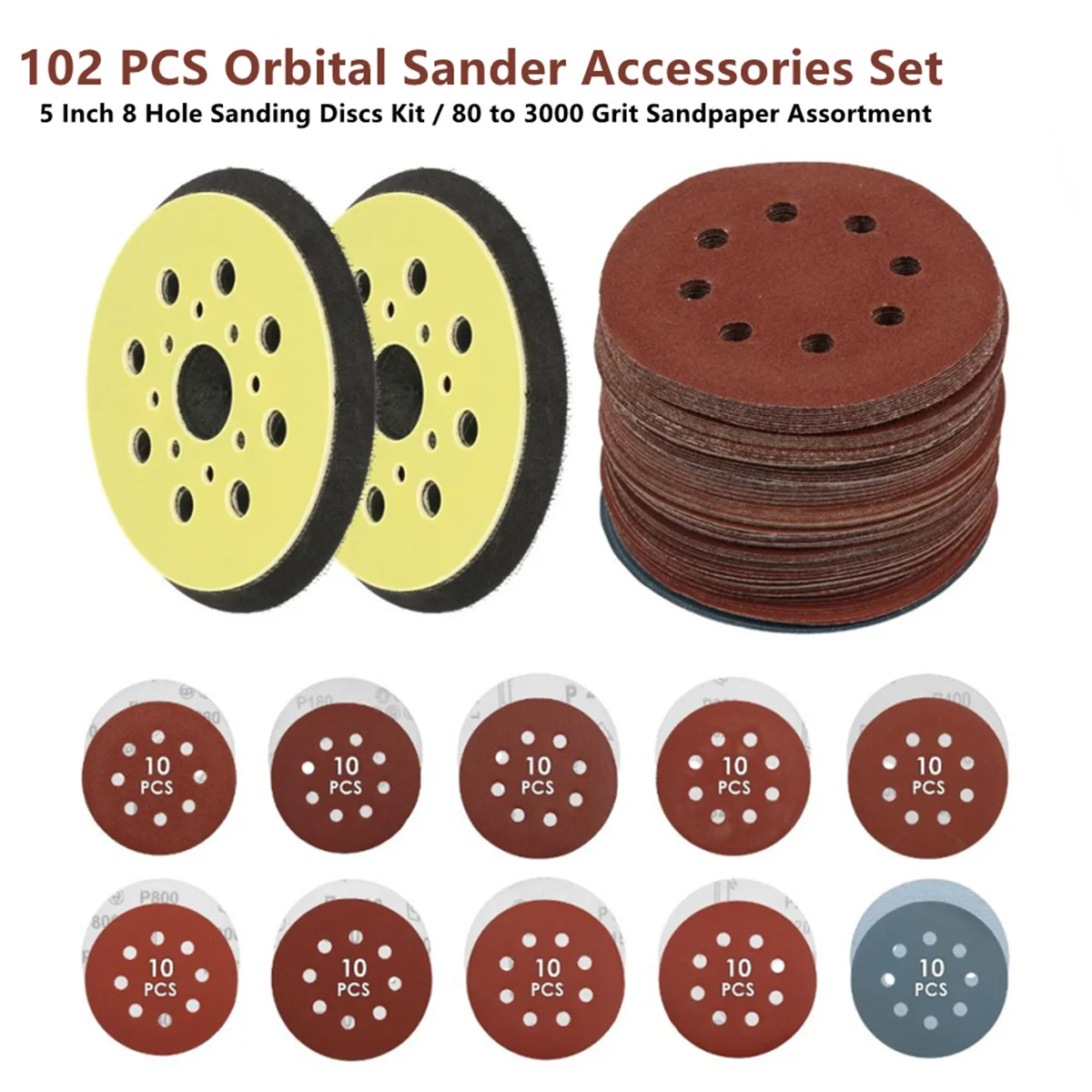 102Pcs 5 Inch Sanding Discs Set 8 Hole Hook And Loop Sandpaper Assortment With 2Pcs Soft Interface Pad For Orbital Sander Tool